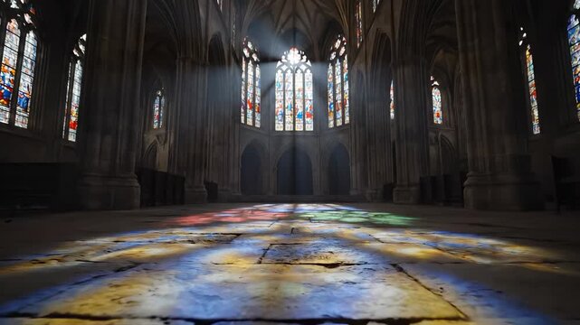 The scene shows a vast cathedral with high ceilings and stained glass windows. Light filters through, casting colorful patterns on the stone floor of the cathedral.