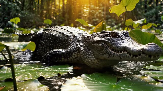 Alligator in the swamp, close-up shot of the reptile in its natural habitat.