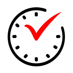 Check mark on clock icon. Real time protection simple line vector icon. Vector graphic, not Artificial Intelligence, logo illustration. Replaceable vector design.
