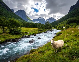 Obraz premium Serene Mountain River Landscape with Sheep Grazing.