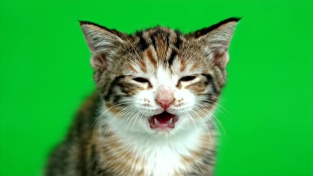 Isolated Close Up of Yawning Tabby Kitten with Green Screen Backdrop for Digital Compositing and Pet Care Promotion