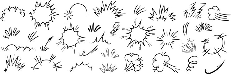 Hand drawn comic explosion vector set with doodle boom effects, dynamic action lines, burst shapes, speech bubbles, cloud puffs, and zap elements. Outline comic book style stickers for pop art and des