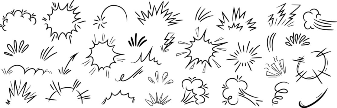 Hand drawn comic explosion vector set with doodle boom effects, dynamic action lines, burst shapes, speech bubbles, cloud puffs, and zap elements. Outline comic book style stickers for pop art and des