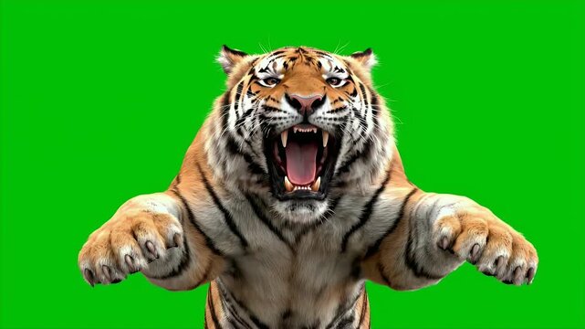 Majestic Roaring Tiger Leaping Forward Isolated on Vibrant Green Screen Background, Animal Wildlife Theme, Ideal for