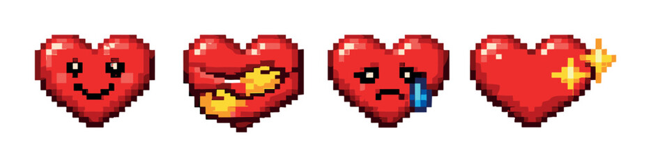 Obraz premium Four pixelated heart emojis with different expressions on blurred background
