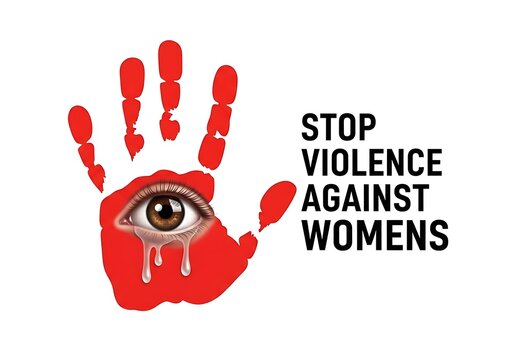 Conceptual illustration for human rights awareness featuring a handprint and tearful eye urging an end to gender-based violence