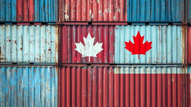 A close-up view of weathered shipping containers painted with the Canadian flag