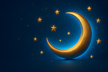 Naklejka premium A glowing crescent moon shines brightly in a dark blue night sky filled with stars