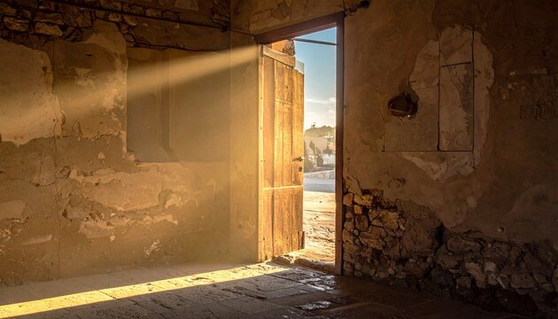 Sunbeams illuminating an old, rustic, abandoned building with an open doorway leading to the outdoors