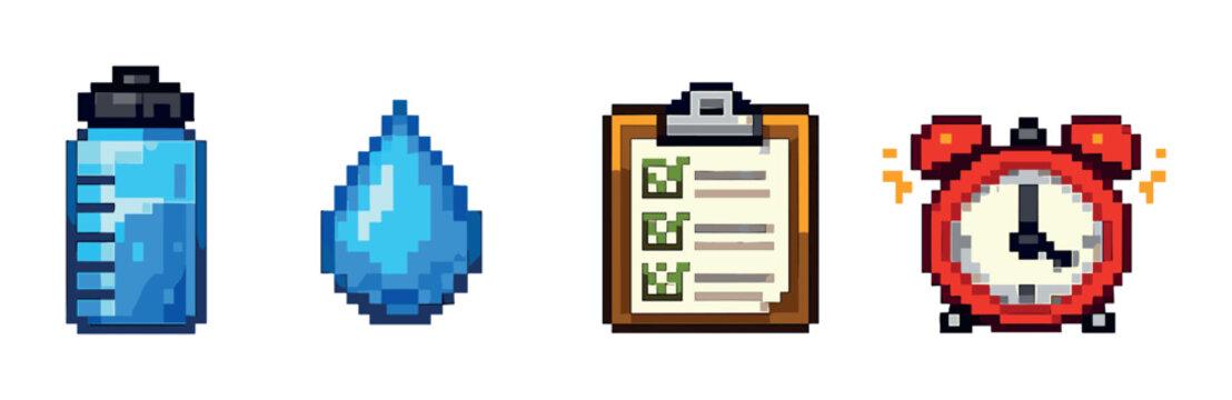 Pixel art icons: water bottle, water drop, checklist, alarm clock