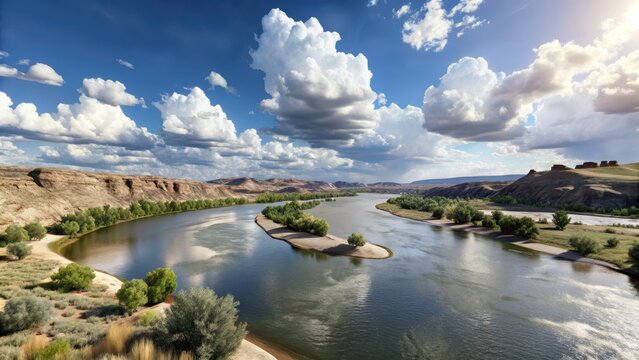 A majestic river winds its way through a serene landscape, as rugged clouds gather in the distance, their edges worn and weathered from countless sto