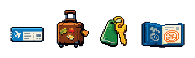 Pixel art travel icons: boarding pass, luggage, keys, passport