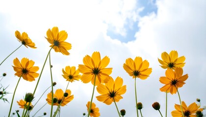 Vibrant Yellow Flowers Against Cloudy Sky.