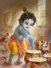 A serene depiction of a young child, likely Lord Krishna, engaged in a playful activity with cows and a pot of milk, symbolizing innocence and rural life.