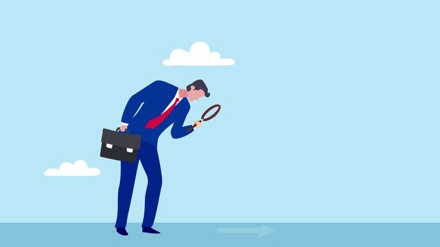 A businessman investigates with a magnifying glass, finding a blinking arrow sign on the floor against a looping sky. Represents direction, guidance, and finding the path.