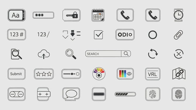 Collection of diverse outline user interface and web application icons on a light background.