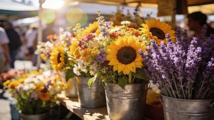 Fototapeta premium Colorful flower buckets at outdoor market, sunflowers and lavender in rustic metal pails for seasonal shopping and decor, warm cheerful vibe for summer festival