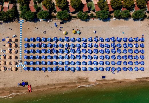 Aerial view of vibrant blue umbrellas contrasting with the golden sand where the beach meets the turquoise sea, Torre di Palme, Marche, Italy.