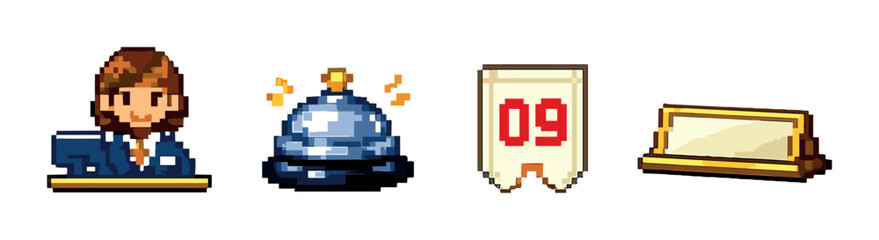 Obraz premium Pixel art concierge desk elements with bell, sign, and clerk