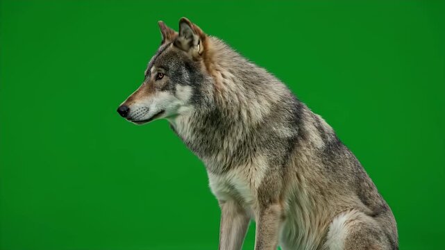 Profile Shot of a Gray Wolf Sitting Posing on Green Screen Background Isolated Medium Shot Captures the Wild Essence