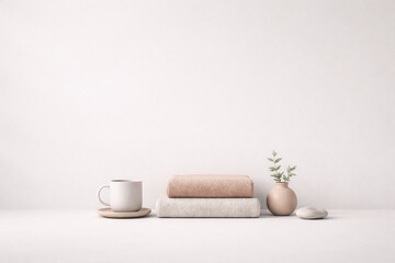 Minimal Hospitality Still Life with Coffee and Towels for Business Use