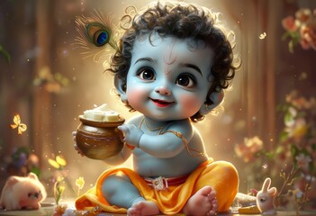 A serene and enchanting depiction of a baby holding a pot of butter, surrounded by a magical forest setting with butterflies and flowers, evoking a sense of innocence and wonder.