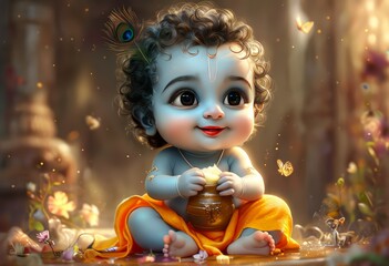 A serene and enchanting depiction of a baby dressed in traditional attire, holding a pot, surrounded by butterflies and flowers in a forest setting.