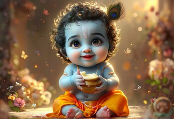 A serene and enchanting depiction of a baby figure adorned with a peacock feather, holding a bowl, surrounded by a magical, glowing floral environment.