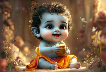 A serene and joyful depiction of a baby dressed in traditional attire, surrounded by nature and butterflies, symbolizing innocence and harmony.