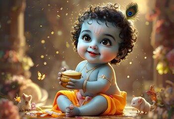 A serene and joyful depiction of a baby in traditional attire, holding a bowl, surrounded by nature and small animals, exuding a sense of innocence and wonder.