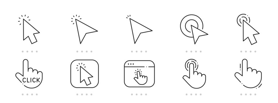 Clean outline click icons featuring cursor, pointer, tap, button, link, ads, cart, email, mobile, UI, UX, browser, conversion, CTR, download