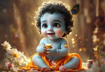 A serene depiction of a baby dressed in traditional attire, surrounded by nature and holding a pot, evoking a sense of innocence and spirituality.