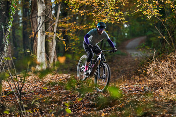 Naklejka premium Autumn Forest Mountain Bike Rider On Dusty Trail With Dappled Sunlight And Gear Adventure