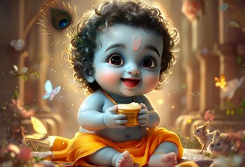 A serene and magical depiction of a baby in a divine setting, surrounded by nature and adorned with a peacock feather, exuding innocence and spirituality.