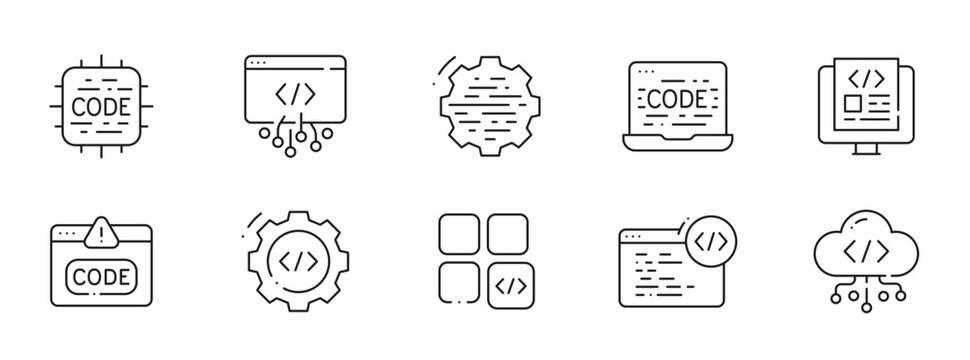 Clean outline programming icon set for coding, software development, web apps, API, cloud, DevOps, debugging, workflow, AI, vector, editable stroke