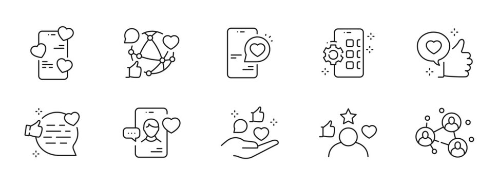 Clean outline social media icon set for marketing, engagement, likes, comments, followers, notifications, chat, hashtag, influencer campaigns, analytics, mobile, branding