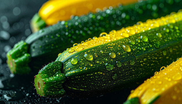 Green and yellow zucchini with water droplets on dark background, fresh farm food, appetizing organic