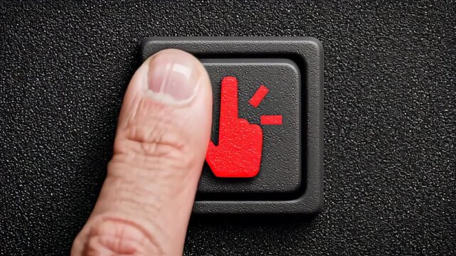 Close-up of a hand pressing a red button with a finger gesture symbol on a black surface, highlighting the action of activating a device or signal