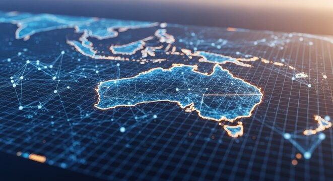 Abstract, futuristic map of the world with glowing lines and points highlighting continents