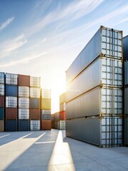 Fototapeta premium Majestic cargo containers bask in warm sunset hues as they await departure from a bustling shipping port