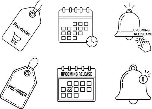 Collection of icons representing pre-order and upcoming release dates with calendar and bell notifications