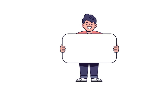 Illustration of a cartoon man holding a blank sign in front of him with a friendly smile and casual attire standing against a plain background from a straight viewpoint