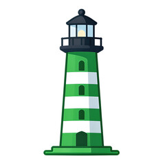 Green and white striped lighthouse with light on
