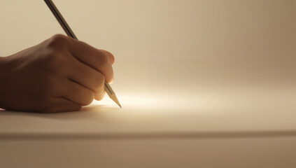 匿名の手が白紙に向かう象徴的な瞬間、学びの始まりを示す抽象表現