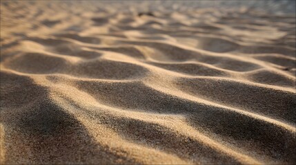 Close up view of fine sand dunes rippled by the wind with warm light casting shadows