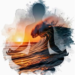 Meditative Silhouette Over Ocean Sunset &ndash; Tranquility and Serenity Stock Photo