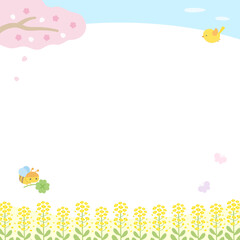 Spring square banner background with cherry blossoms and rapeseed flowers