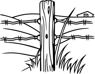 Barbed wire fence post with grass and countryside barn background illustration