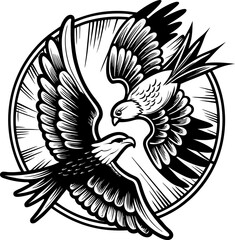 Two eagles in dynamic flight inside a circular frame powerful birds with detailed feathers, symbolizing strength, freedom, and nature