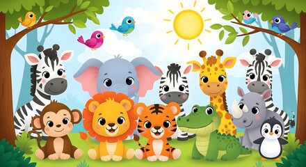 Fototapeta premium Cute Cartoon Jungle Animals Illustration, Kids Safari Wildlife Characters with Lion Elephant Zebra and Giraffe, Colorful Children Education Background